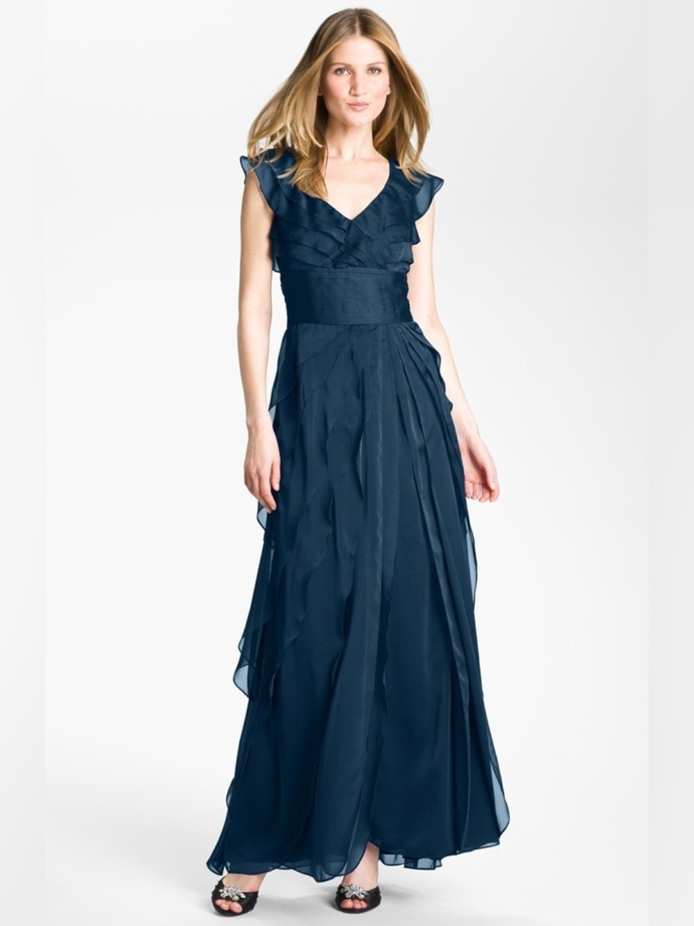 Adrianna Papell Navy Ruffle V-Neck Maxi Dress